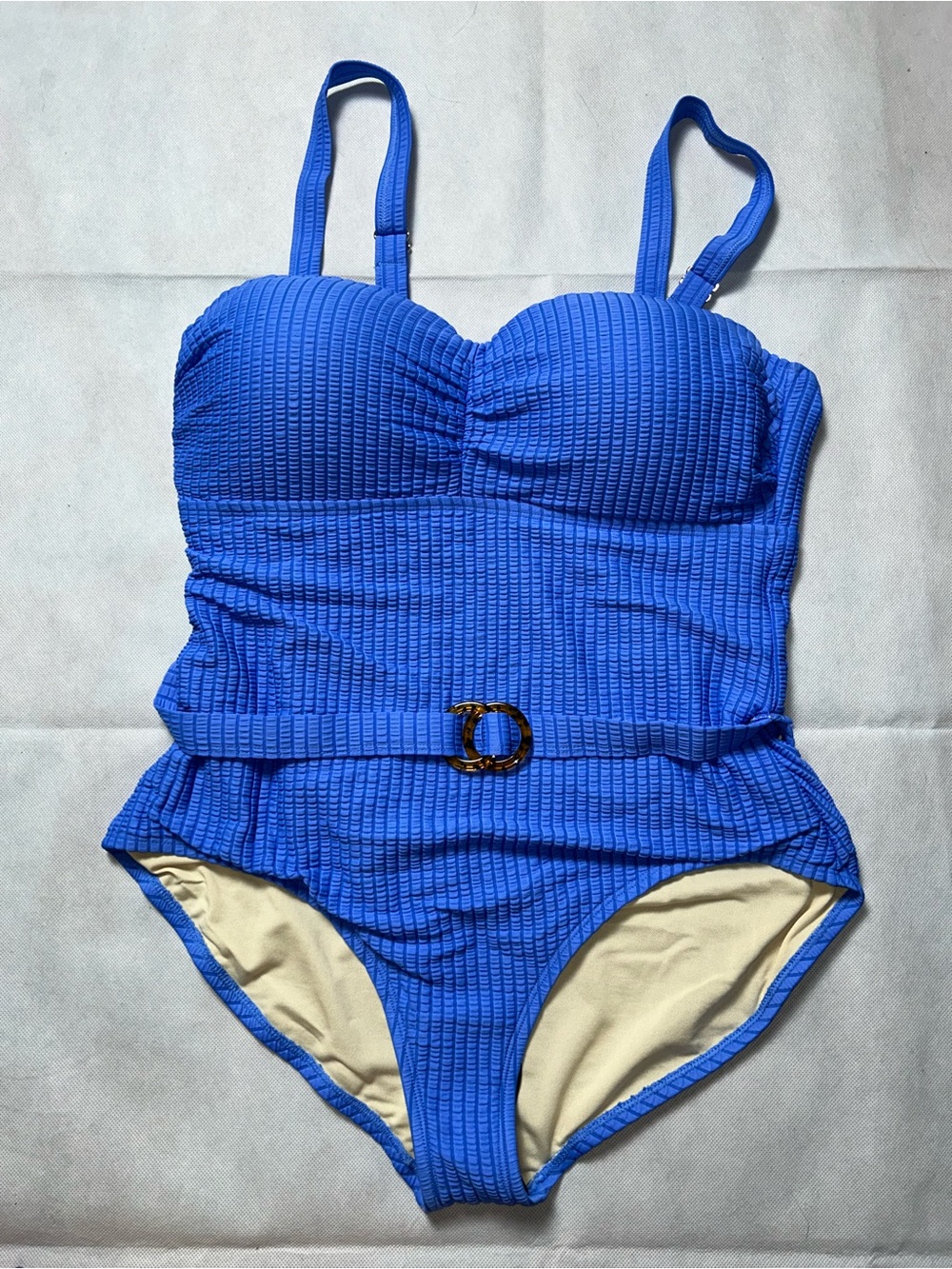 Susan Graver blue belted one piece swimsuit NWOT size 14
